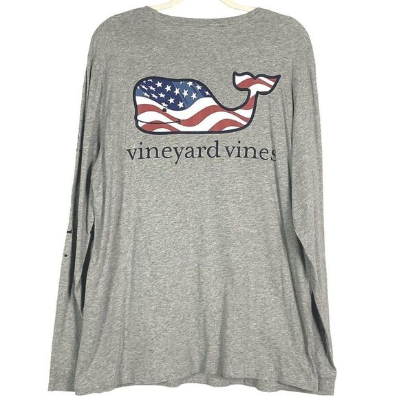 Vineyard Vines Mens Long Sleeve Gray T-Shirt W/American Flag Whale Design Medium - Picture 2 of 8